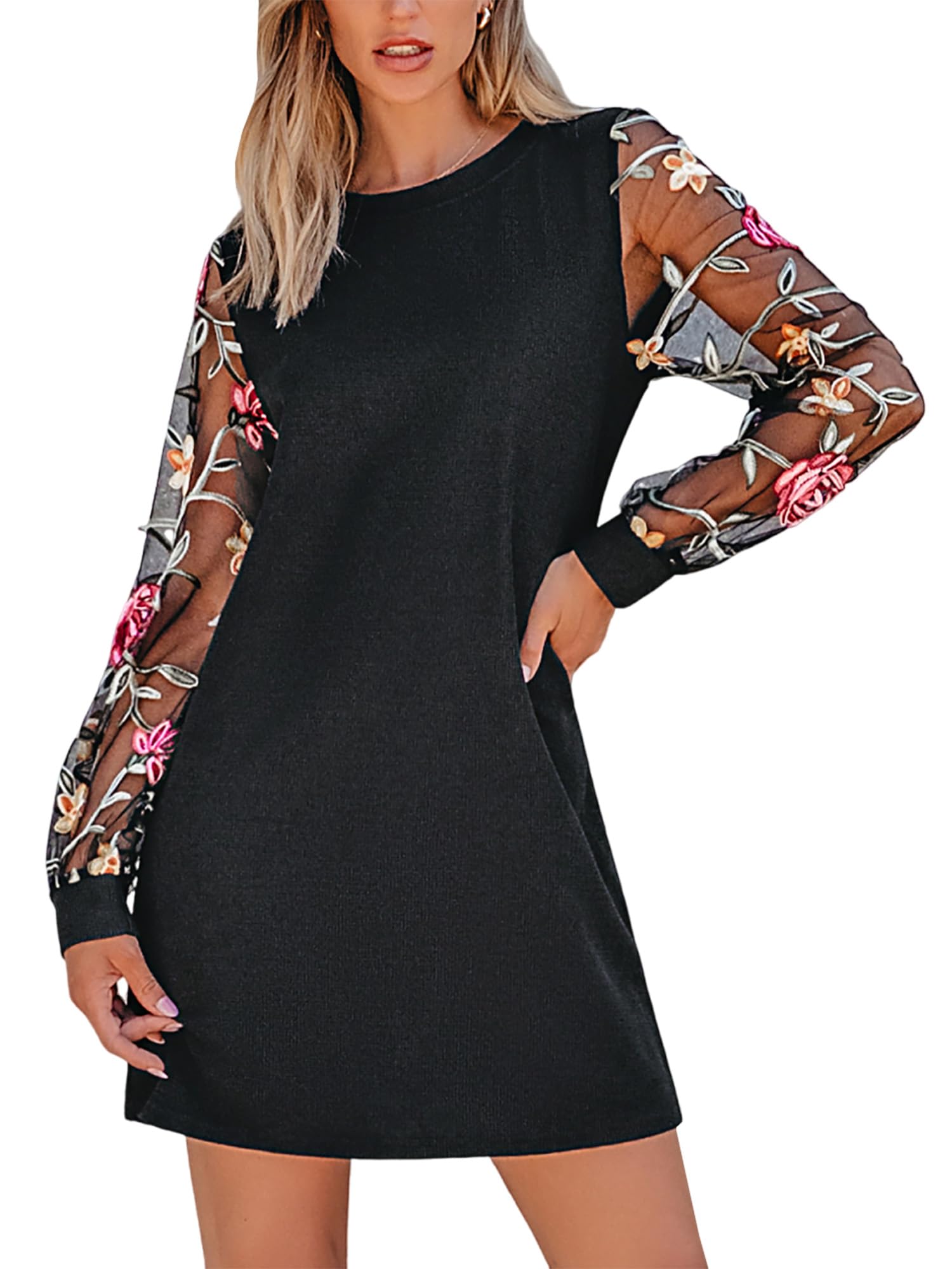 CUPSHE Women's Floral Round Neck Sheer Long Sleeve Casual Dresses Embroidery Autumn A-line Elegant Mini Dress