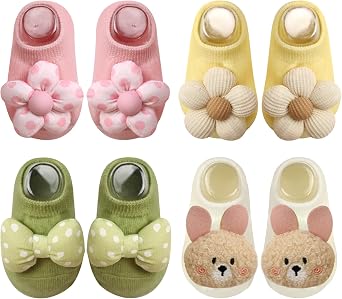 4 Pairs Baby Girl Socks,Flower Non Slip Socks for Newborn Preemie Infant Cute Princess Dress Ankle Sock