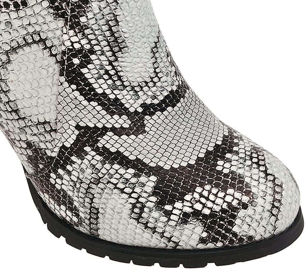 Agodor Women's Snakeskin Print Knee High Boots Round Toe Chunky High Heel Animal Print Boots