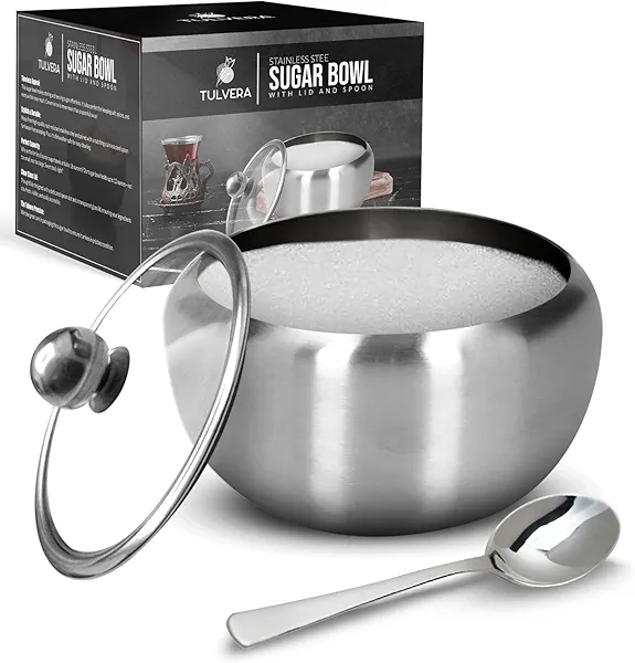 Sugar Bowl with Glass Lid and Spoon | 12oz Sugar Container for Coffee Bar | Stainless Steel Holder Jar for Salt, Tea, Candy, Sugar Cube, Brown Sugar | Kitchen Countertop Storage Accessories | 350ml