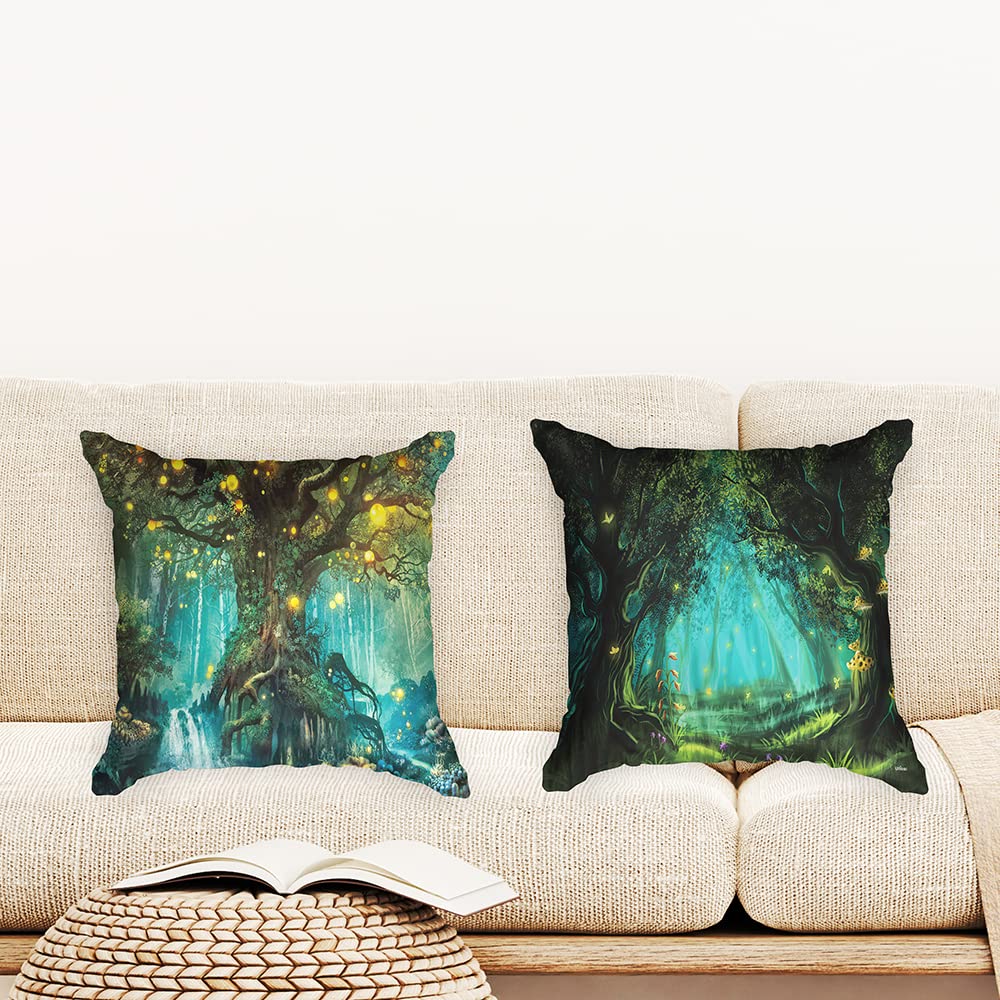 Ulticool, Cushion Cover, Fairy Tales Elf Tree Magic Forests Nature, Set of 2 Designs, 45 cm x 45 cm