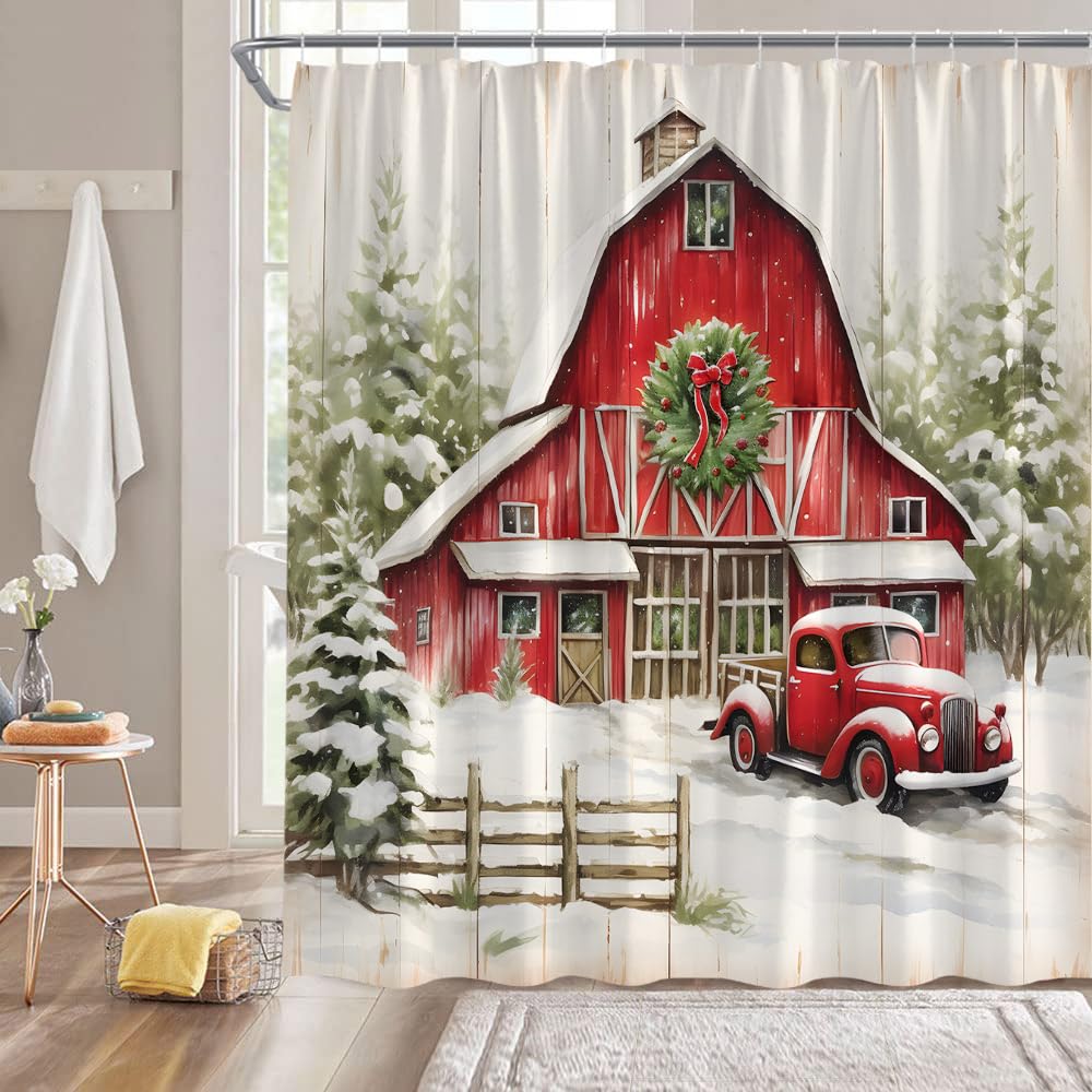Farmhouse Christmas Shower Curtain Red Retro Truck Farm Barn Pine Tree Forest Snowflake Vintage Rustic Winter Holiday Fabric Bathroom Decor Curtain with Hooks