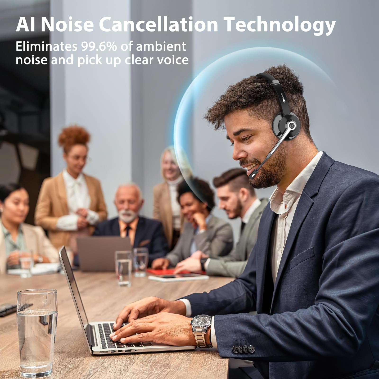 Earbay Auriculares inalámbricos, auriculares Bluetooth con dongle USB y base de carga, auriculares inalámbricos con cancelación de ruido de micrófono, auriculares de PC con botón de silencio para