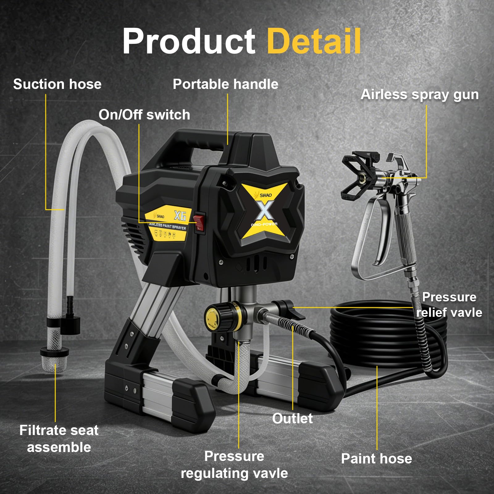 Spruzzatore Vernice Airless 650W 2900 PSI, Pompa Verniciatura Senza Aria con Pistola X-450 e Ugello 517, Tubo Prolunga 30 cm, Serbatoio 20 GAL Occhiali Protettivi (DP-X6)