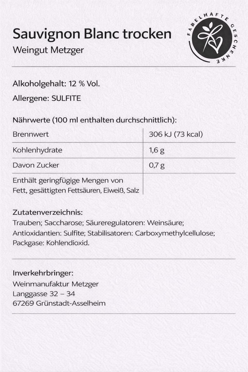6 er Sauvignon Blanc trocken 2025 | Weingut Metzger | Pfalz | 6 x 0,75 l | mit Drop Stop Weinausgießer FABELHAFTE GESCHENKE