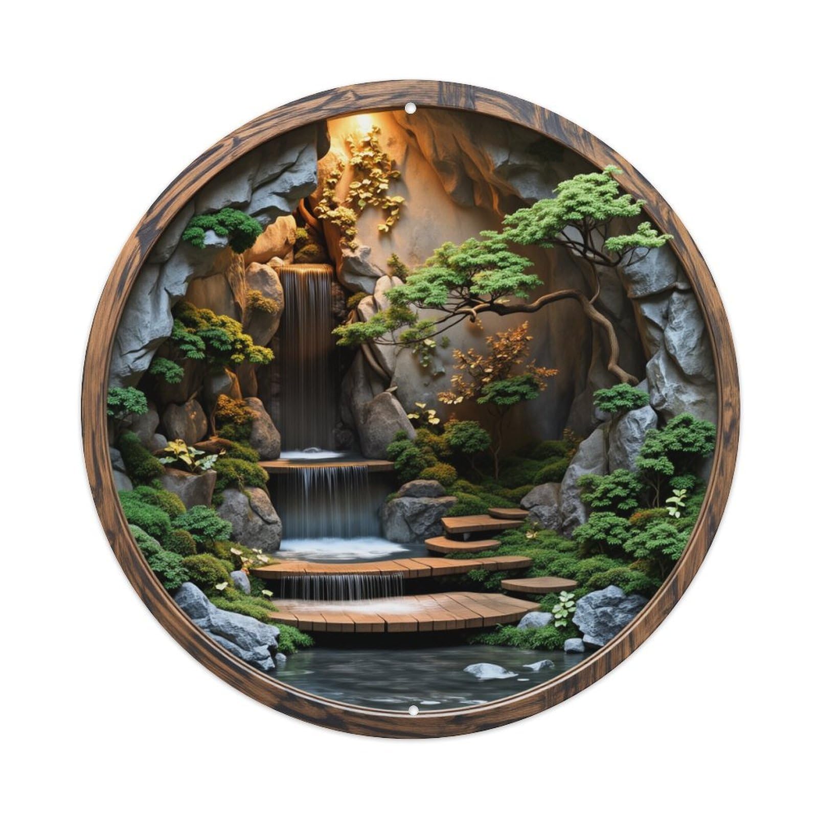 Waterfall Garden Scene Round Tin Sign Retro Metal Sign for Cafe Bar Pub Home Game Room Gym Club Wall Decoration Vintage Metal Poster 8x8 Inch