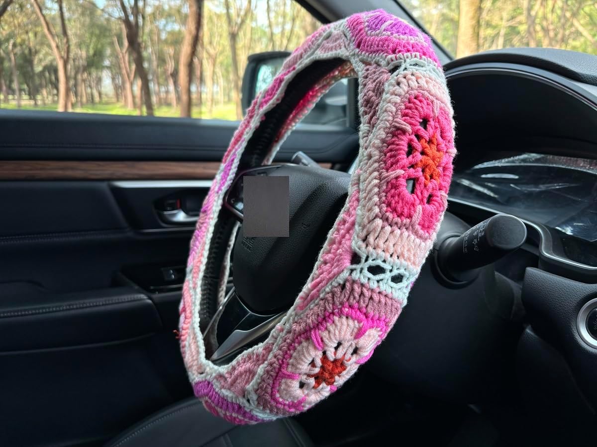 Crochet Galsang Flower Car Steering Wheel Covers,Car Interior Accessories Decorations (Pink:Wheel Cover)