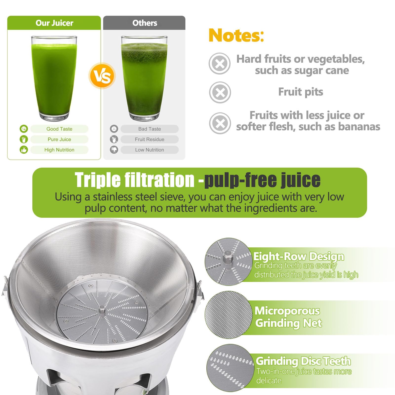 Exprimidor de cítricos, exprimidor de frutas y verduras, acero inoxidable de calidad alimentaria, exprimidor eléctrico de cítricos de 370 W, separación automática del orujo de zumo
