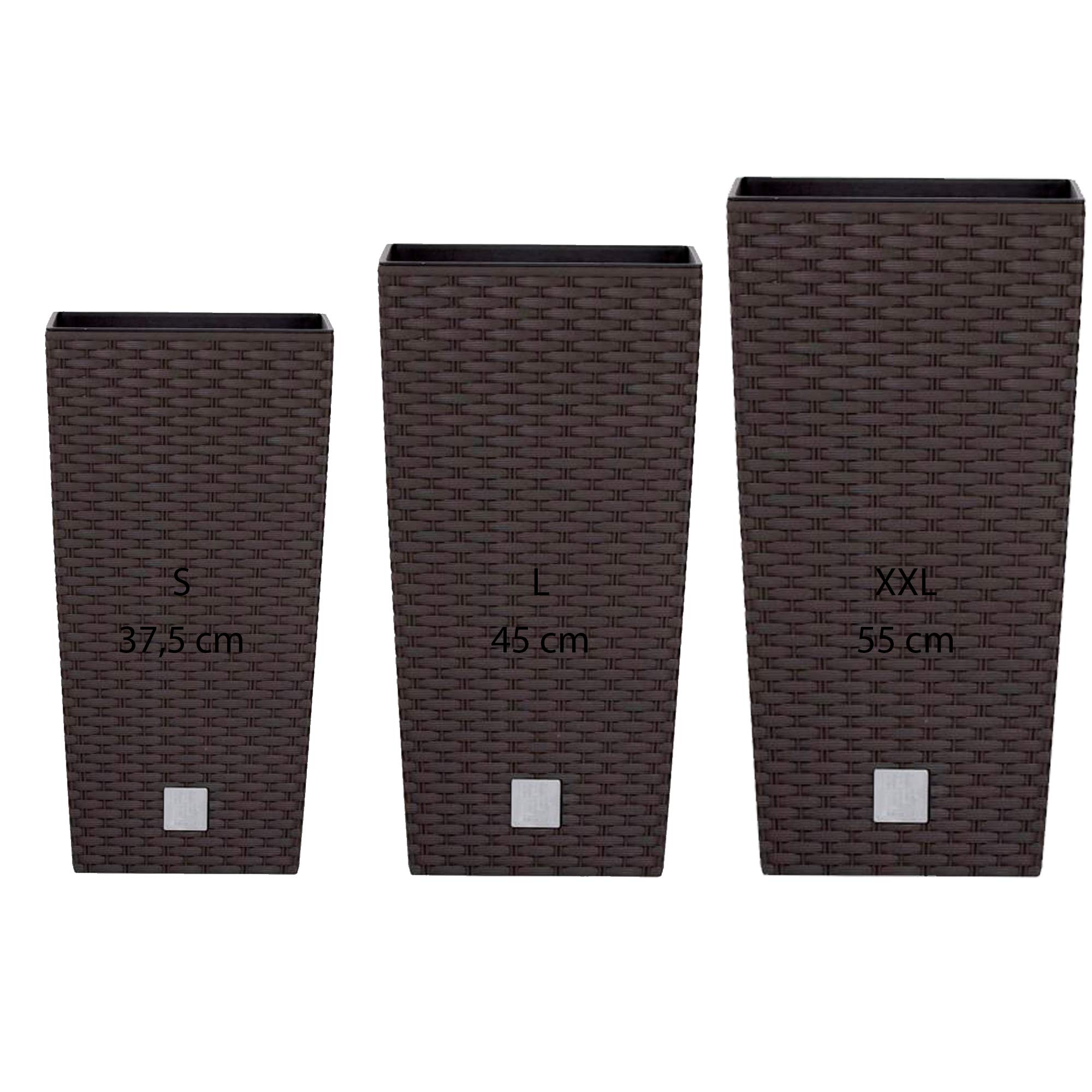 Pack 3 macetas altas Prosperplast (11,4/19/35 litros) Rato Square de plastico en color ocre oscuro con deposito.