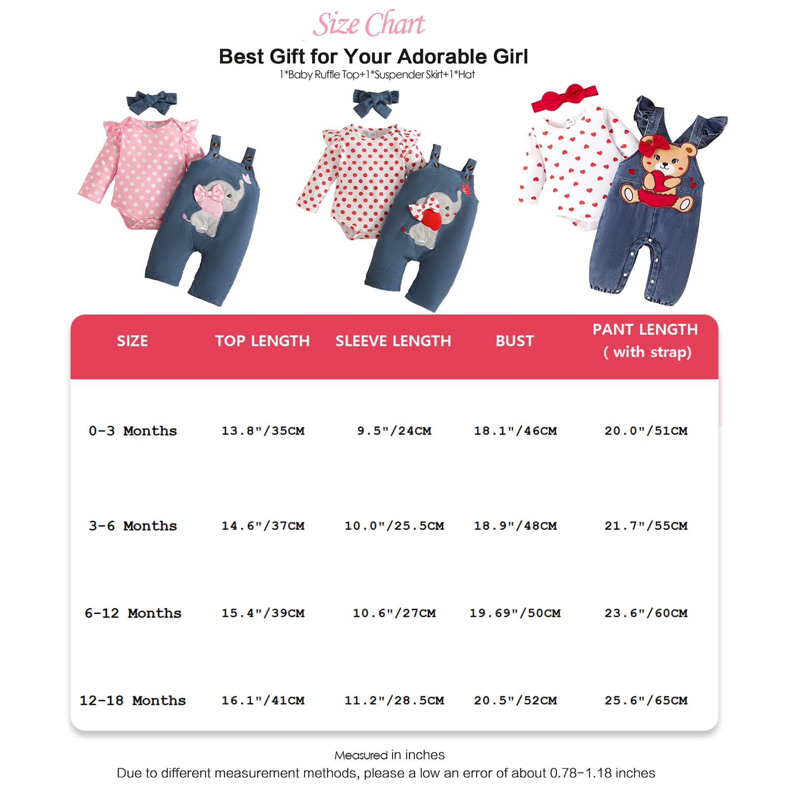 Abbigliamento per Neonata Set Body con Stampa Carina a Cuori/Pois+ Regolabile Orso/Elefante Salopette Pantaloni Autunno Inverno Tuta Vestiti Set