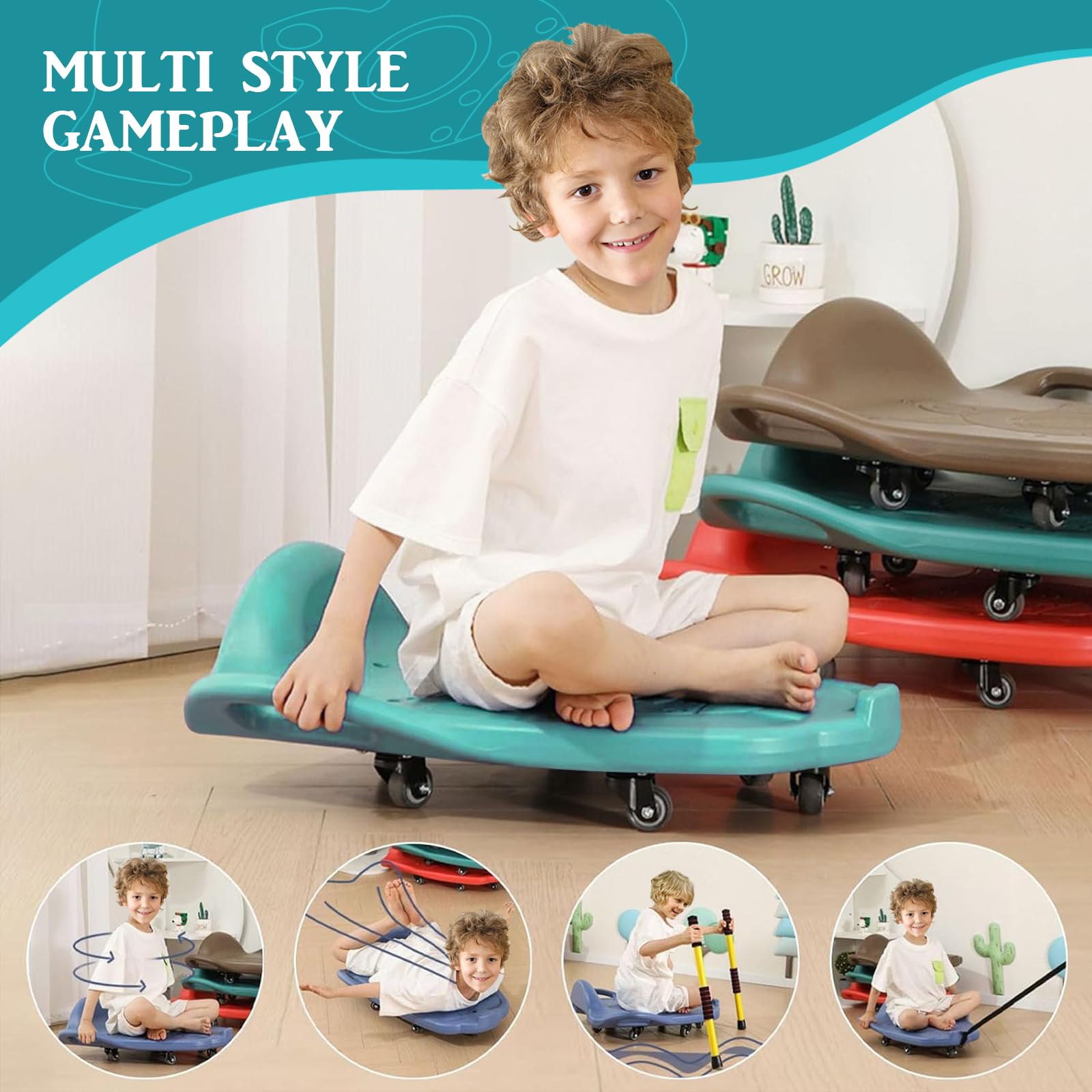 Large Scooter Board for Kids,Plastic Floor Scooter Board with Handles, Buckle and 1 Rope, Gym Scooters for Indoor Outdoor Sports,Sensory Training, Green