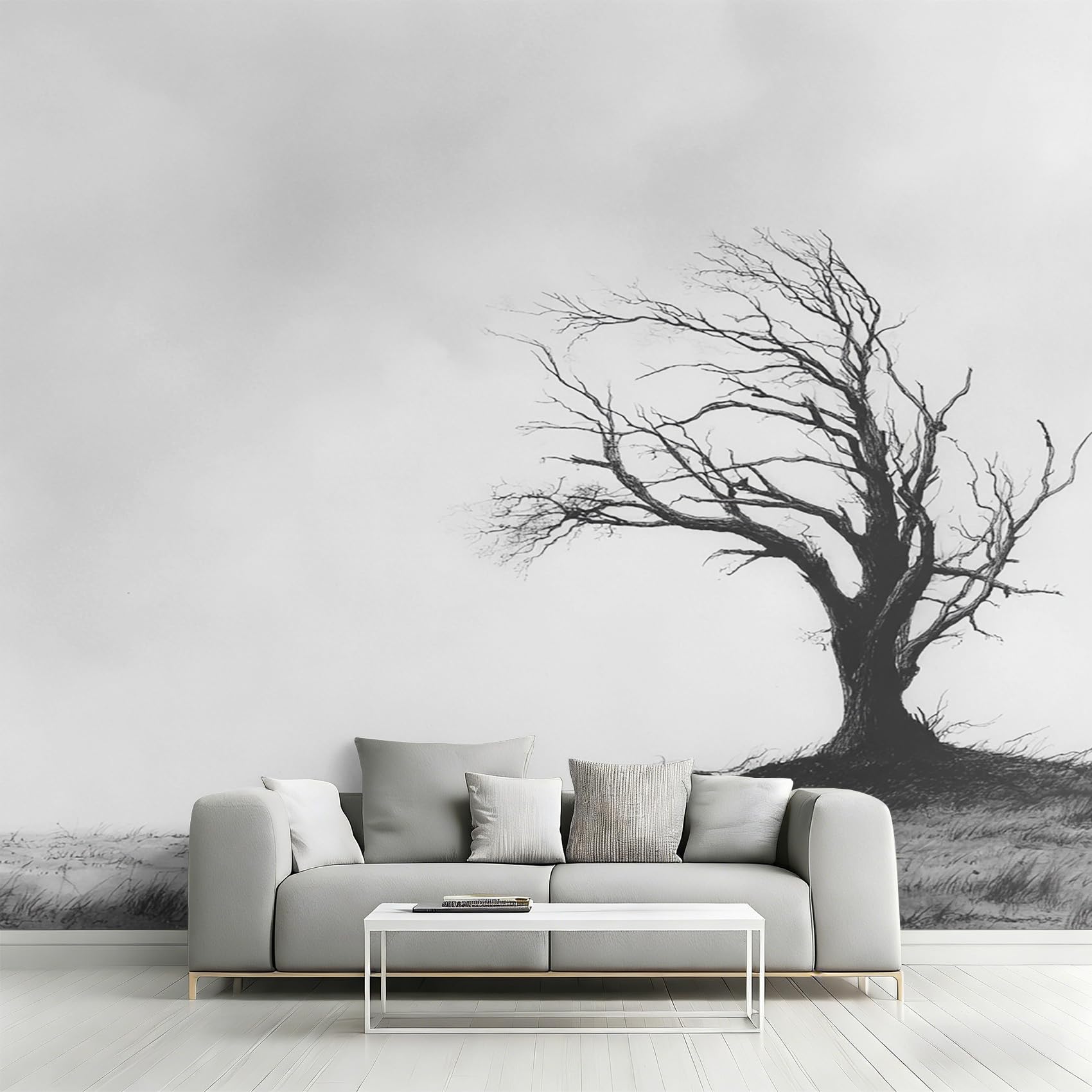 Papier peint panoramique arbre mort pour masquer un mur nu sans travaux