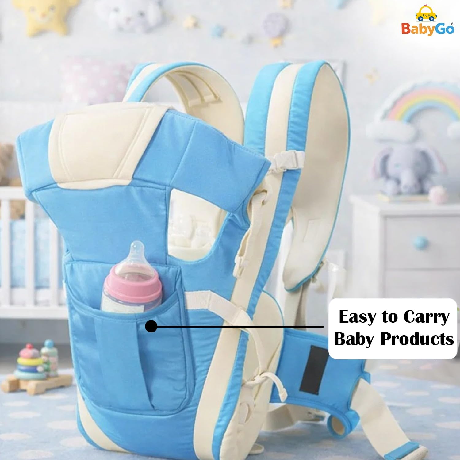 BabyGo Kid Seat Baby Hip Carrier 4-in-1 Adjustable Baby Carrier Cum Kangaroo Bag|Front, Back|for 6 to 24 Months Baby|Newborn to Toddler Carrier|Safety Belt & Buckle Straps|Up to 15 Kgs (Sky Blue) 4