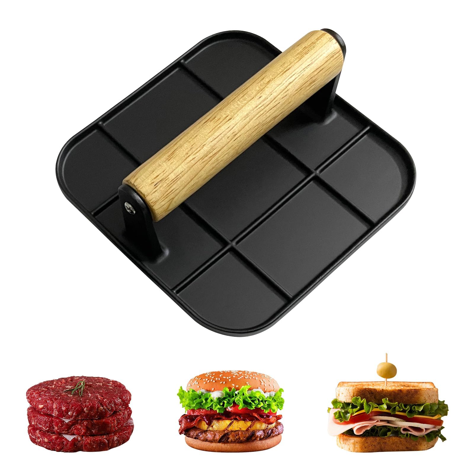 NALACALBurger Press 6" Square Aluminum Alloy Hamburger Smasher Tool Use for Grill and Griddle Cooking, Smash Meat Press with Wooden Handle for Bacon, Hamburgers, Eggs, Crab Cakes, Sausage