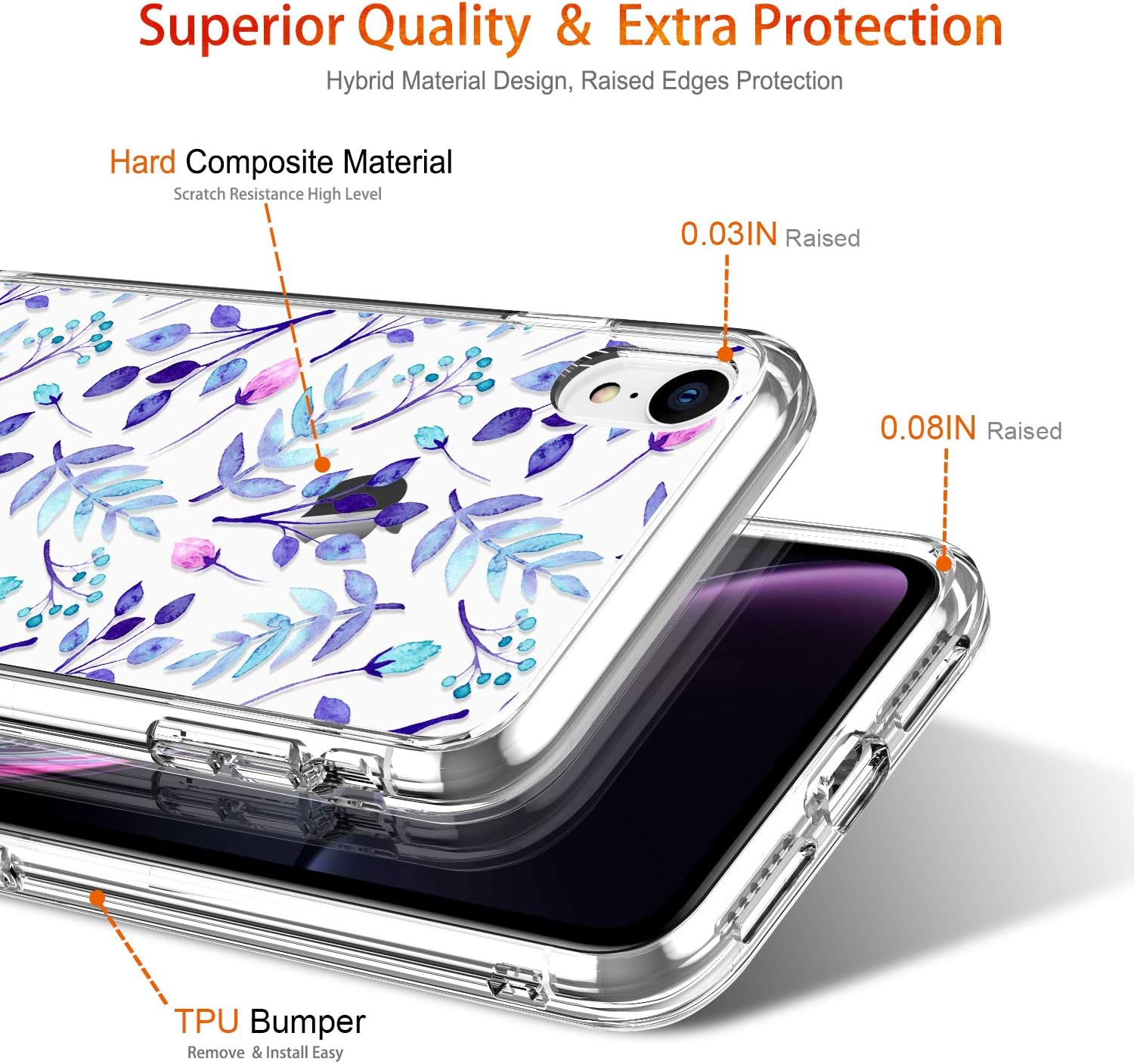 GiiKa iPhone XR Cases, iPhone XR Phone Case with Glass Screen Protector, Clear Purple Floral Design Ultra-Thin Shockproof Protective for Women Girls iPhone XR 6.1 Inch 2018