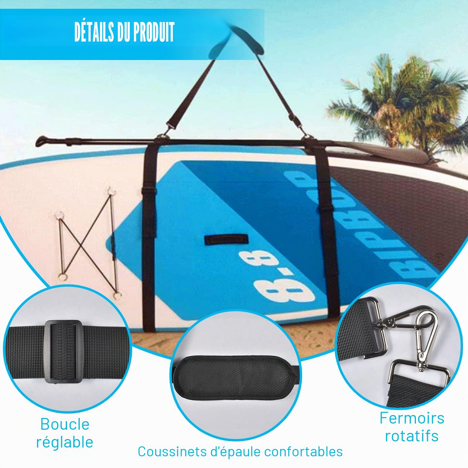 Sangle de Transport pour Planche de Surf, Sangle de Transport en Nylon pour Planche de Surf, Sangle de Bandage réglable pour Planche de Surf, Stand up Paddle, Longboard, Paddle, Sup