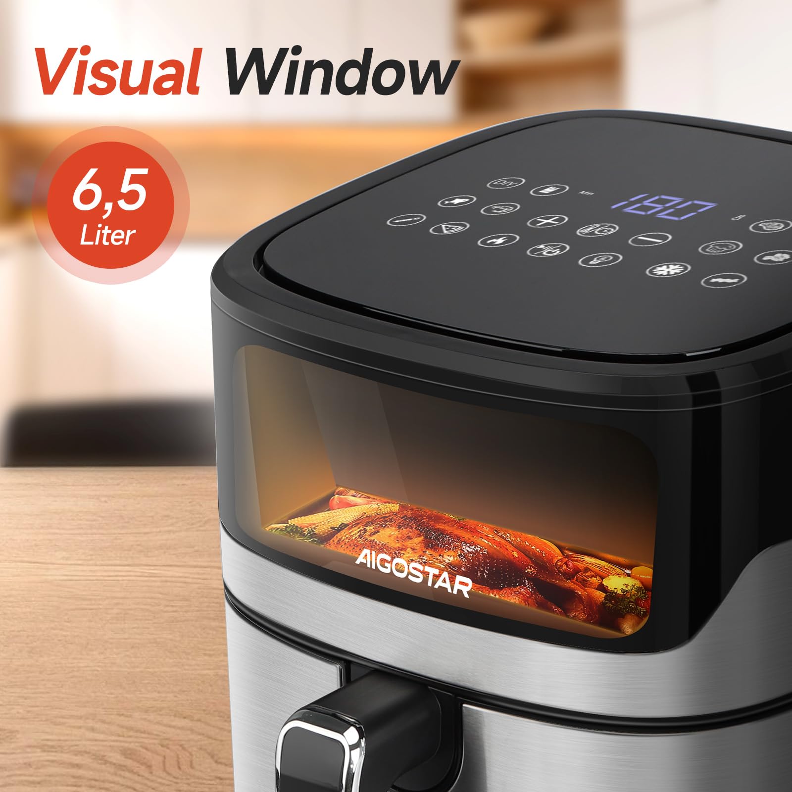 Aigostar XXL Heißluftfritteuse 6,5L mit Sichtfenster, 1600W Airfryer, Touchscreen, 12 Programme + intelligentes Vorheizen, Kompakt Fritteuse ohne Öl, Antihaftbeschichtet, Schwarz