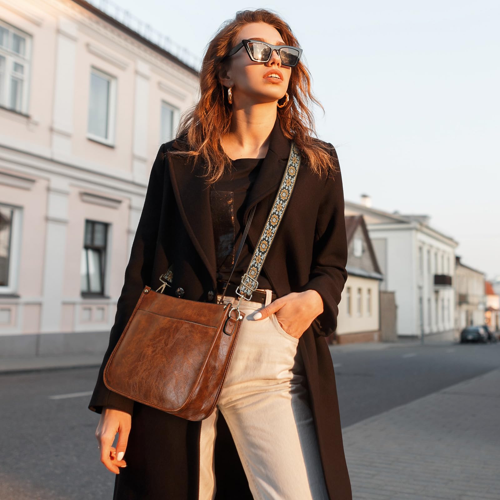 BAIGIO Bolso cruzado para mujer, de cuero vegano, de moda, para mujer, bolsos y cartera, 2 piezas con correa para el hombro de guitarra