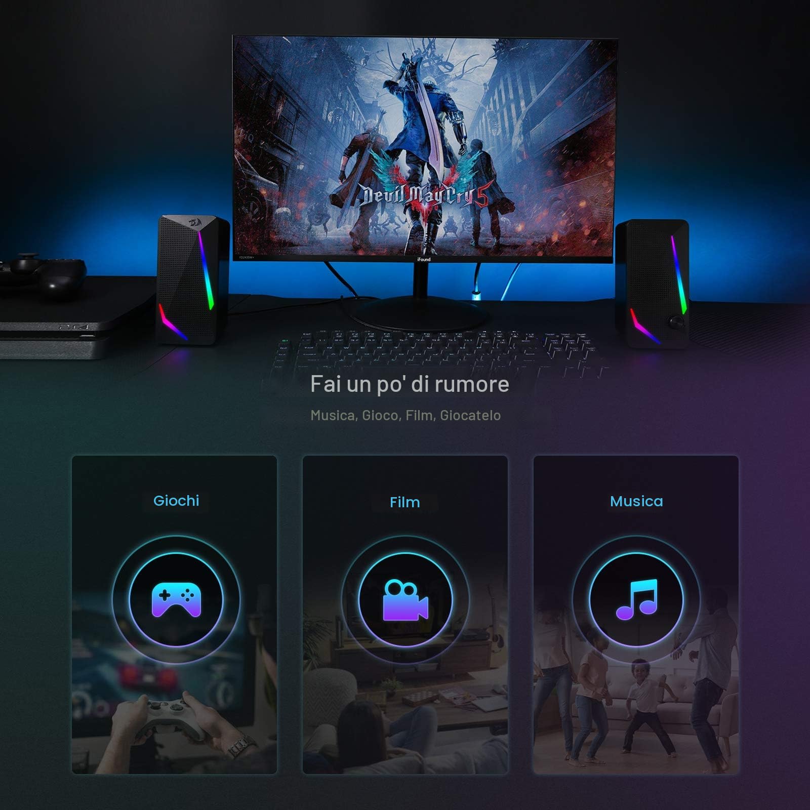Redragon GS510 Waltz - Altoparlante da scrivania RGB a 2.0 canali stereo con retroilluminazione a LED, bassi migliorati e controllo del volume facilmente accessibile, con USB e cavo da 3,5 mm