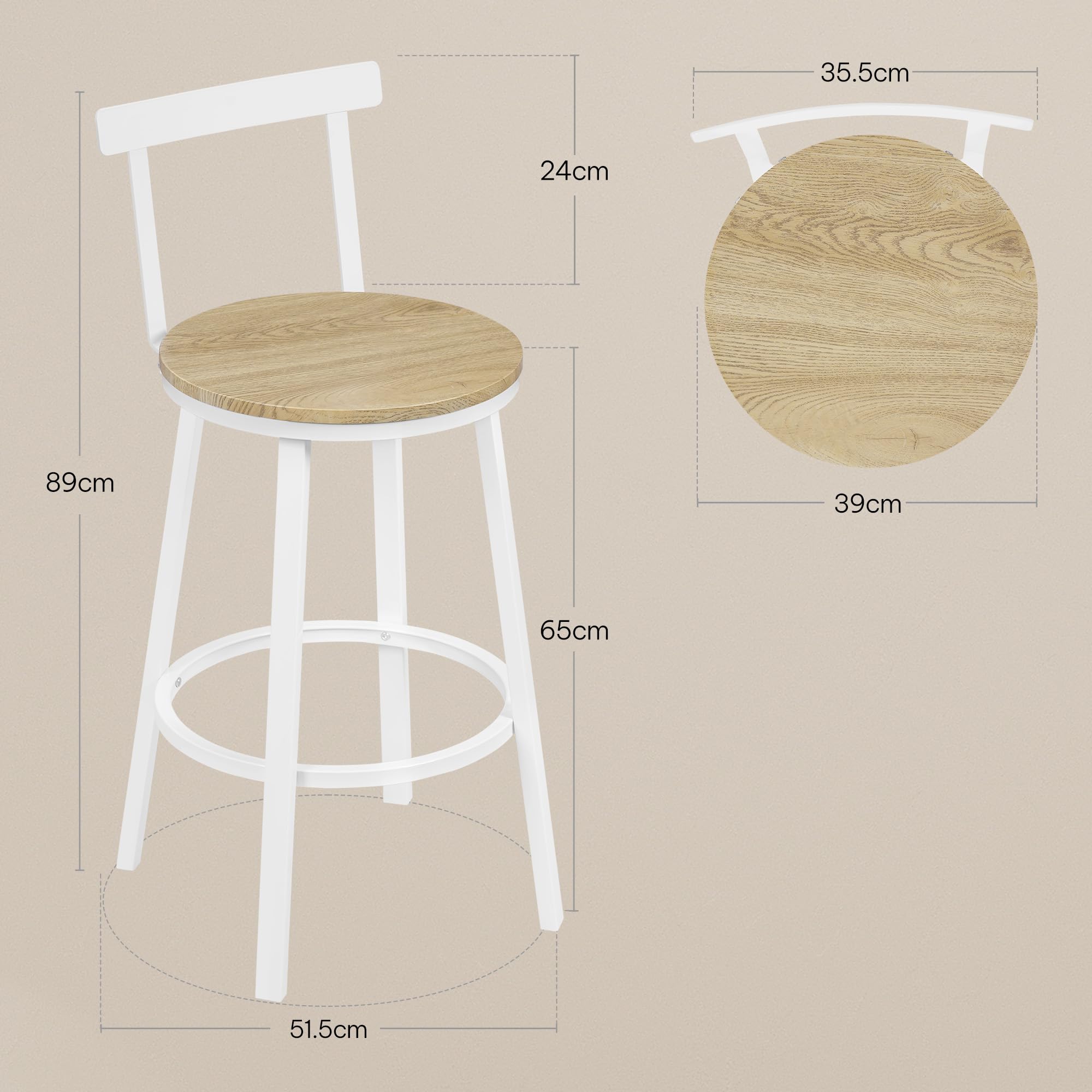 WOLTU Taburetes Bar Juego de 2, Taburetes Altos Cocina con Respaldo Bajo y Reposapiés, para Comedor, Cafeteria, Barra Cocina, Roble Claro