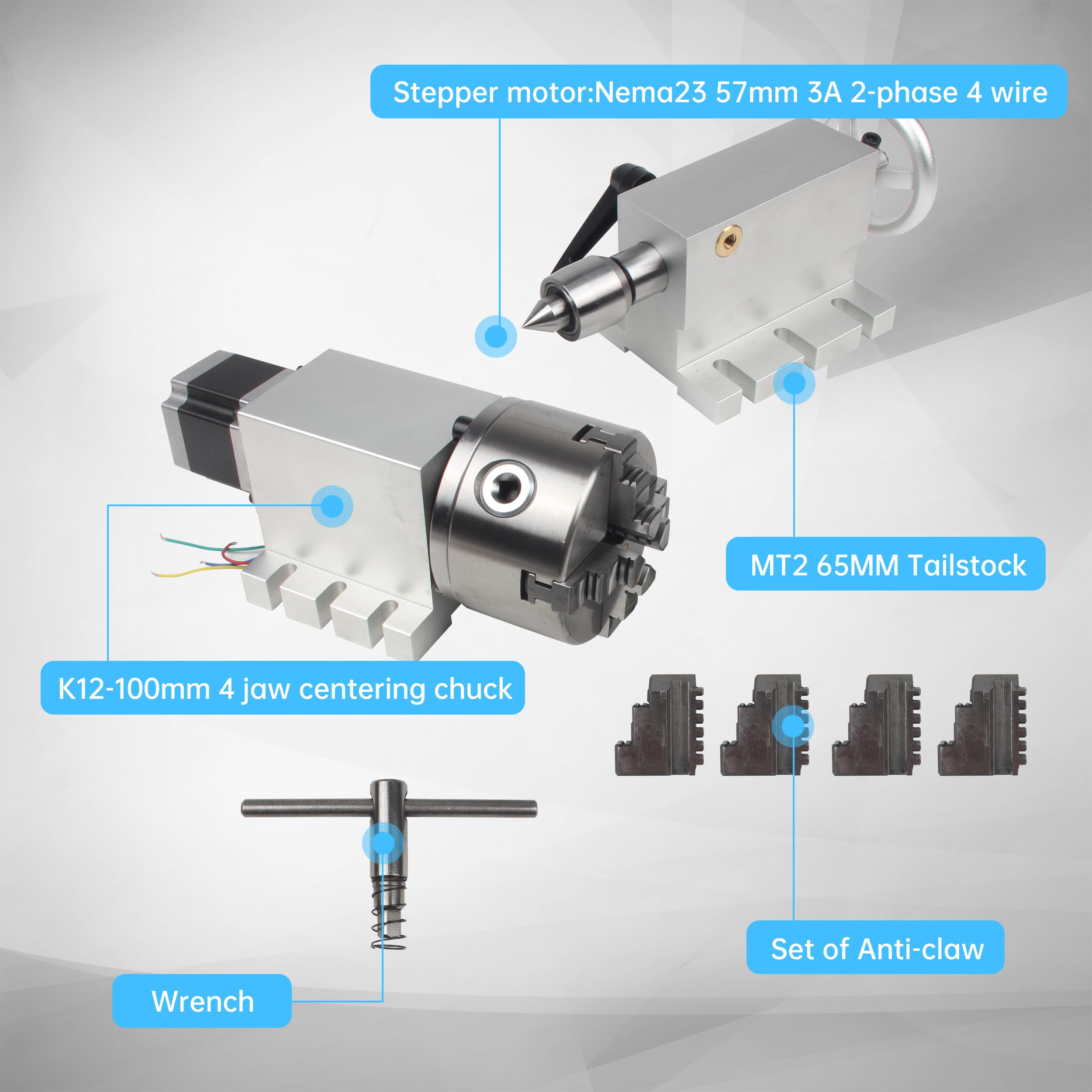 CNCTOPBAOS CNC Router Engraving Machine Rotary 4th Axis,Dividing Head Rotation A Axis,K12-100mm 4 Jaw Chuck,No Backlash Harmonic Reduction Gearbox 50:1+Nema23+MT2 Tailstock for Lathe Milling Machine