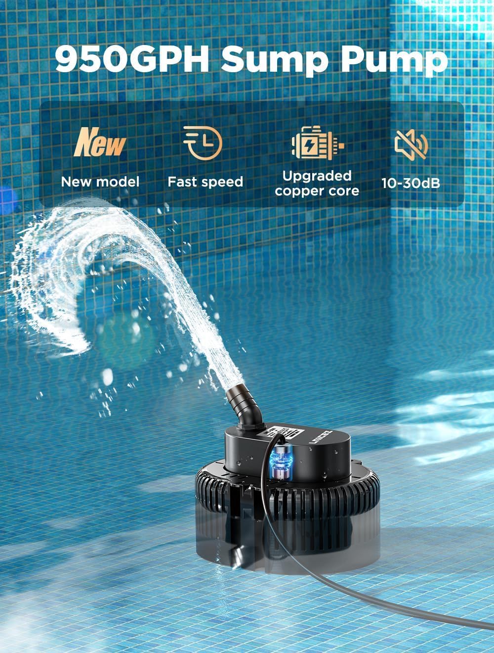 Sump Pump, 950GPH Ultra-quiet, Submersible Water Pump, Pool Cover Pump, Sump Pump for Pool Draining with 16ft Drainage Hose, Upgraded 25ft Thicker Power Cable and 4 Adapters, Black