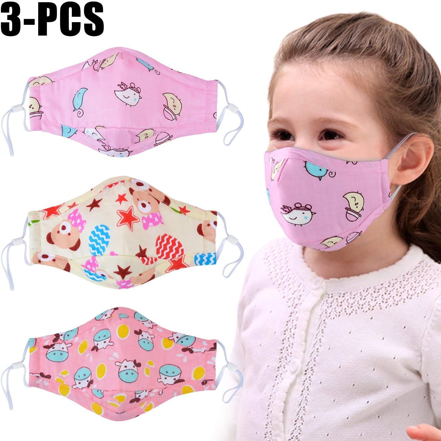 Dust Mask for Kids,PM2.5 Kids Mouth Face Mask with 6 Pcs Activated Carbon Filter Insert,Washable Cute Cotton Mouth Mask with Adjustable Straps(3 Pcs) (Girls)