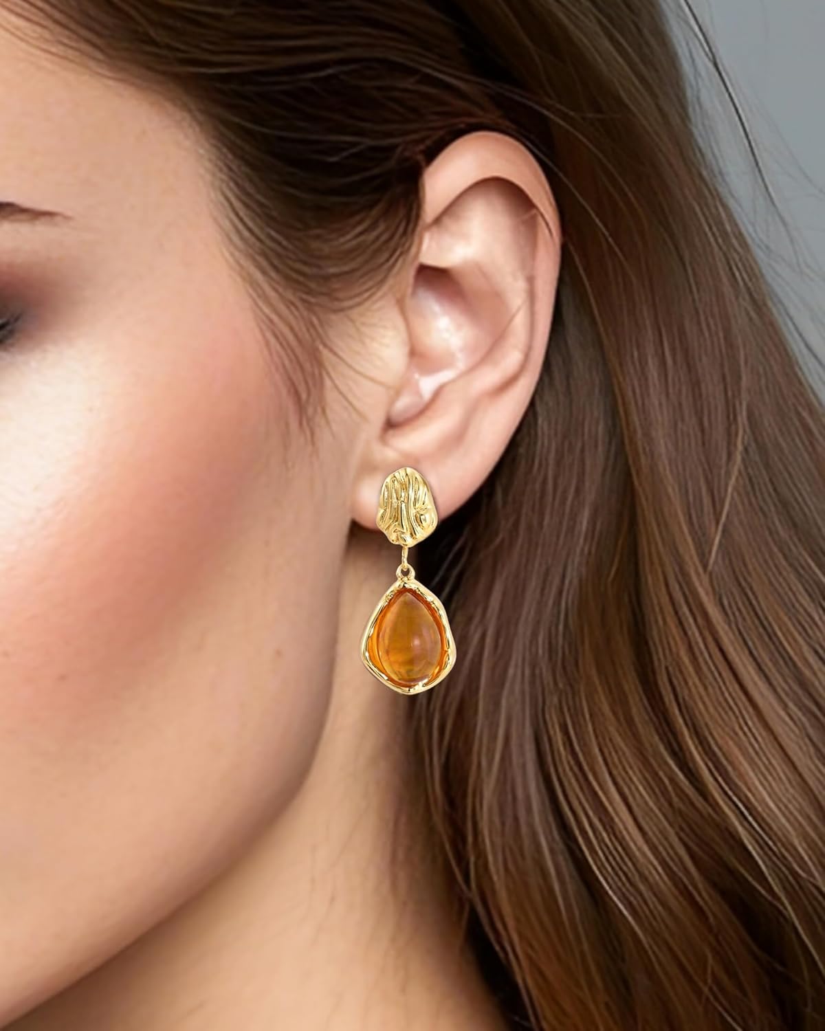 Hypoallergenic Amber Dangle Drop Earrings | 14K Gold Plated Brown Jewelry | Teardrop Gift for Boho Weddings, Sensitive Ears & Nature Lovers - Image 2