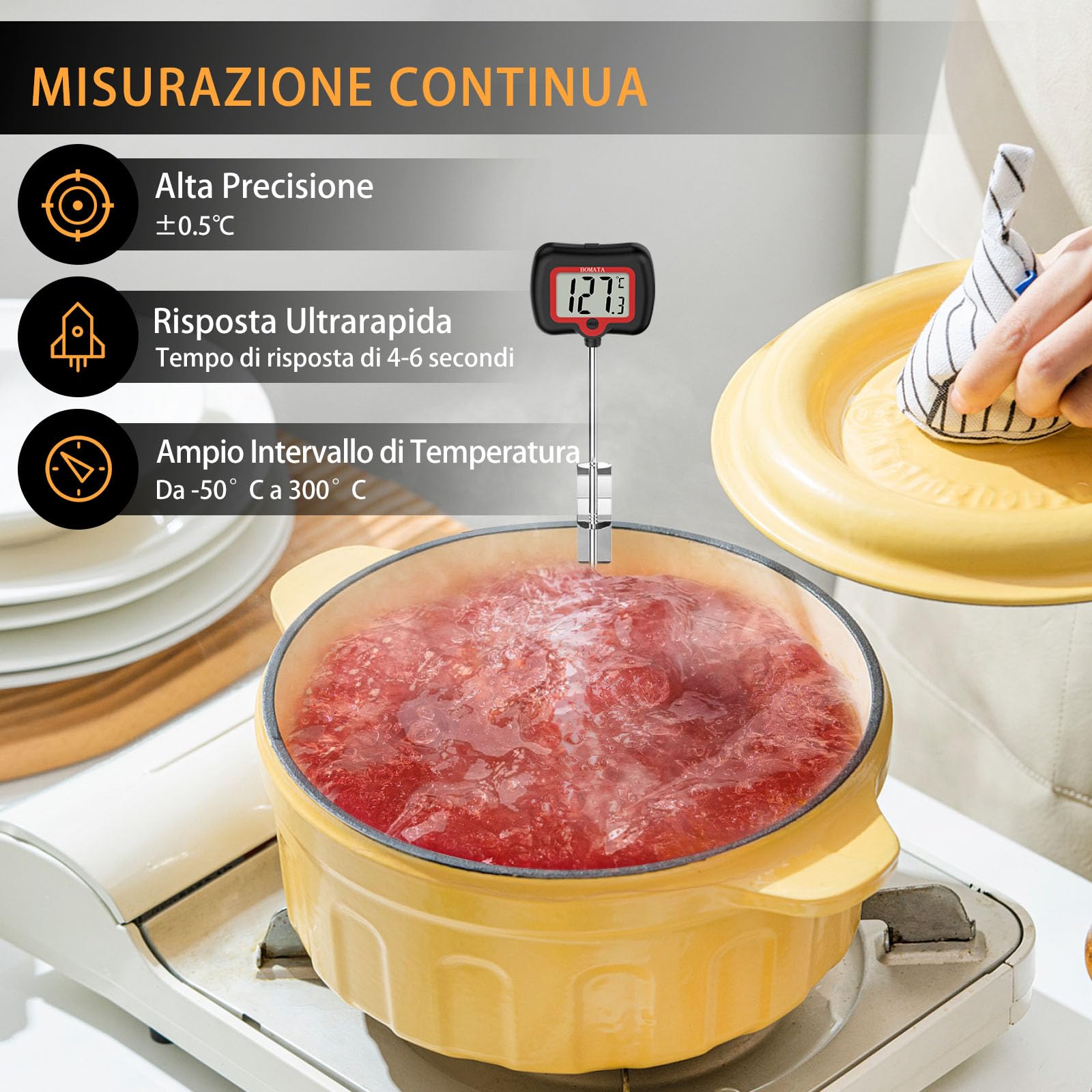 BOMATA Termometro per caramelle con sonda lunga da 8" con clip per pentola, display rotante, Termometro digitale ad alta precisione con lettura istantanea per candele