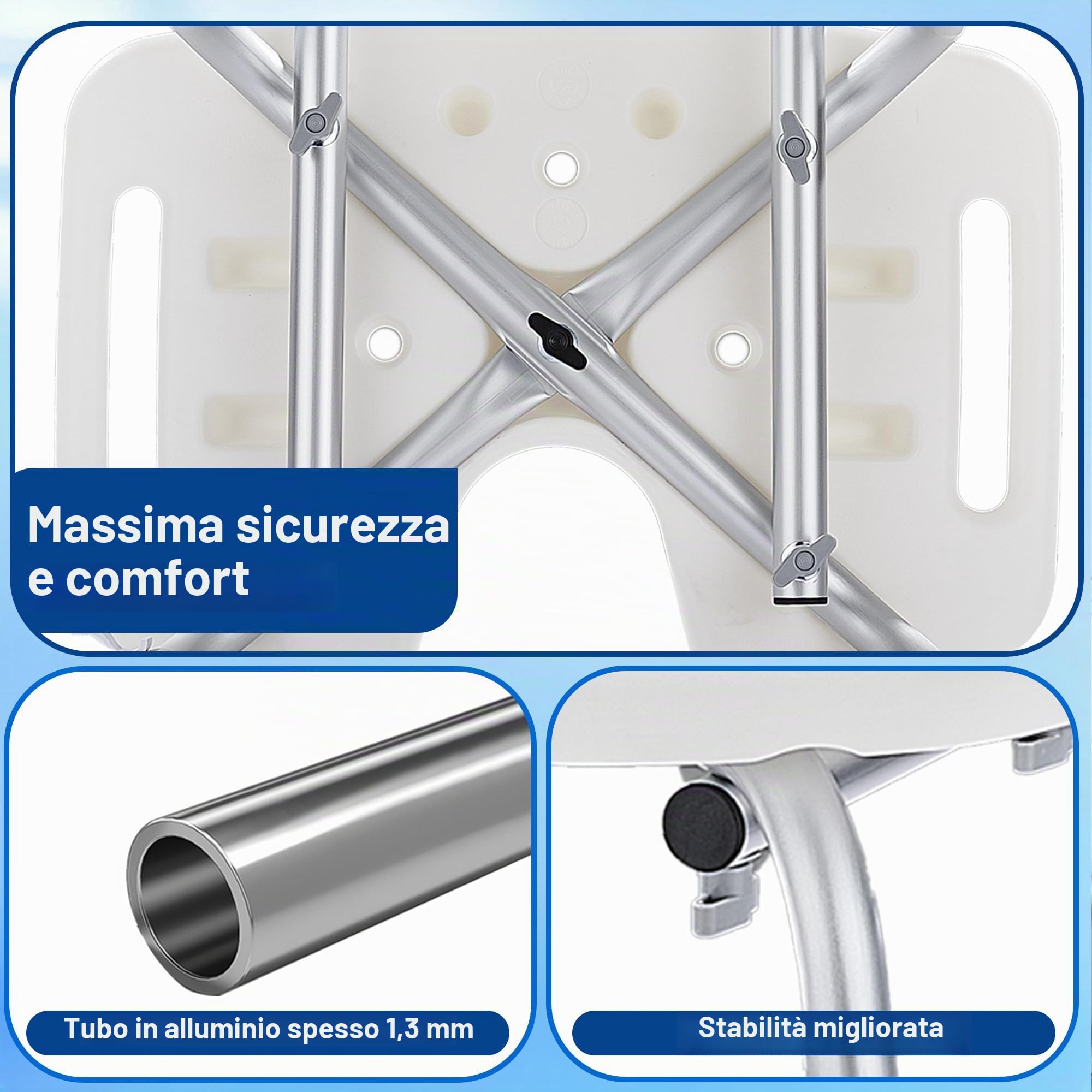 Sedia per Doccia con Schienale Rimovibile Altezza Regolabile, Sgabello Doccia Forma a U Antiscivolo per Anziani Disabili Sedile Sgabello da Bagno in Alluminio portata fino a 150 kg