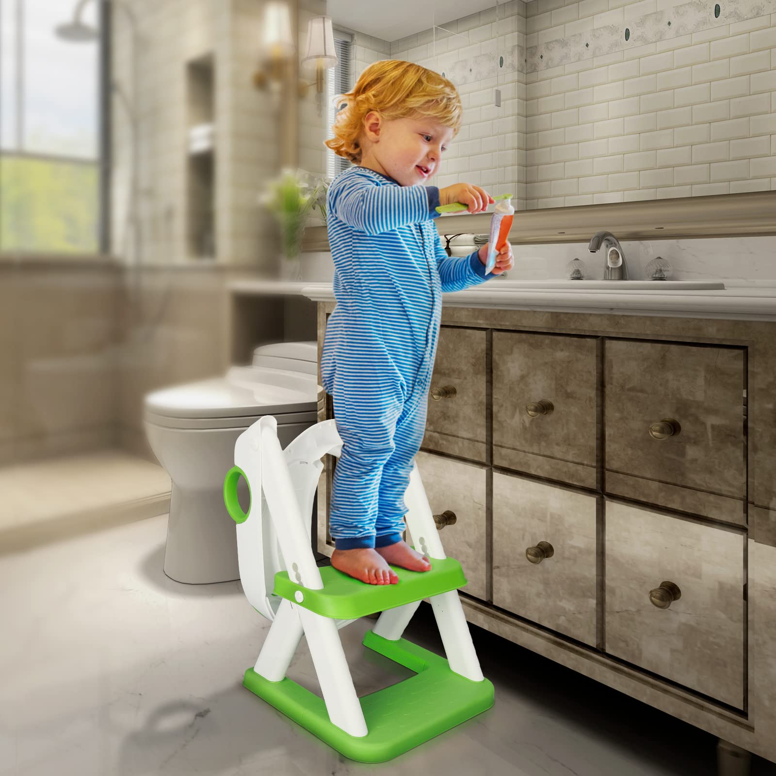 KylintonÂ® Potty Training Seat, Upgrade 2 in 1 Potty Training Toilet Seat and Step Stools for Kids, Splash Guard Anti-Slip Pad Potty Seat for Boys Girls, Triangle Foot Step Design Most Sturdy (Green)