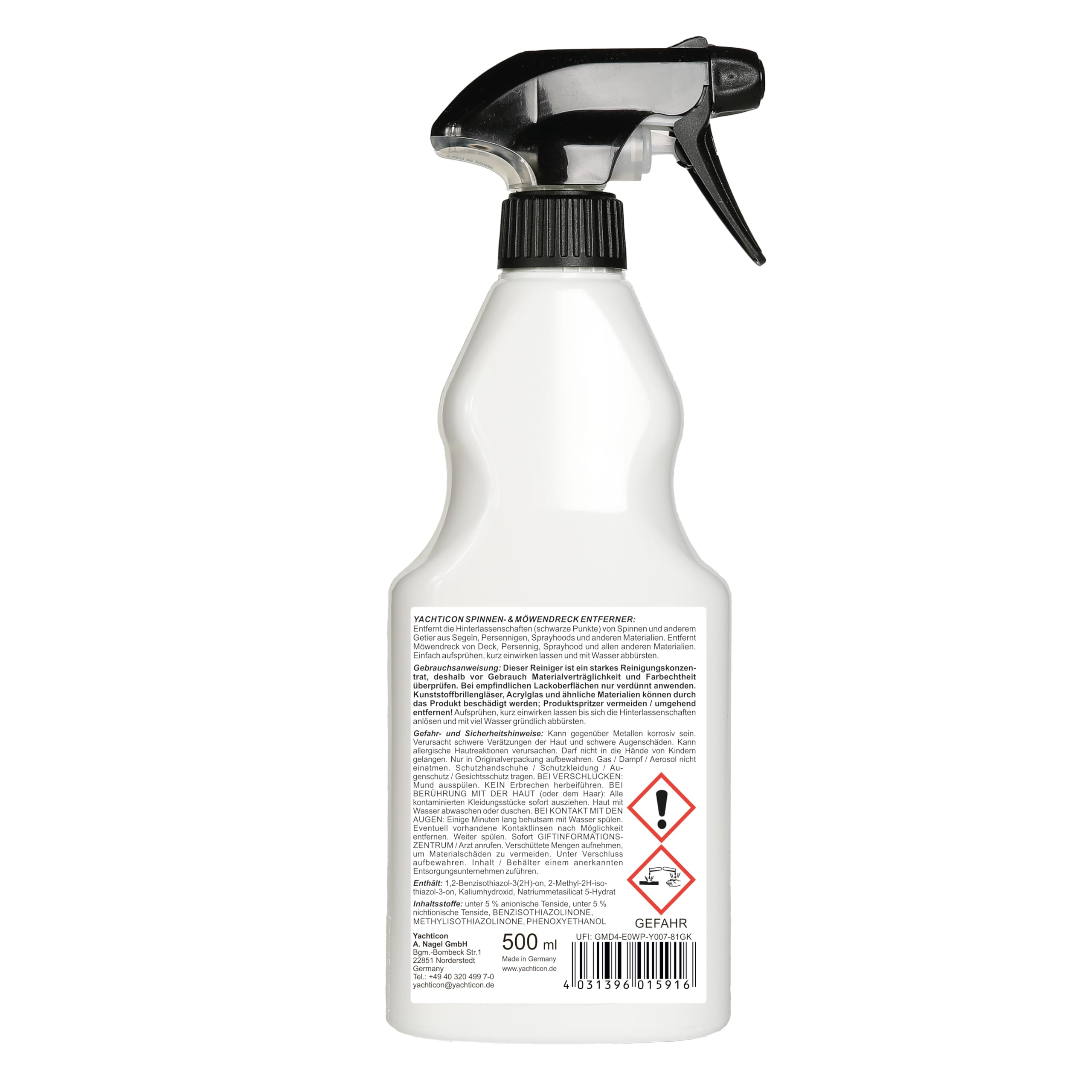 YACHTICON Spray nettoyant Professionnel pour Pont, bâche, sprayhood et voiles - Élimine Les résidus des araignées, mouettes et Insectes en Douceur et en Profondeur - 500 ML