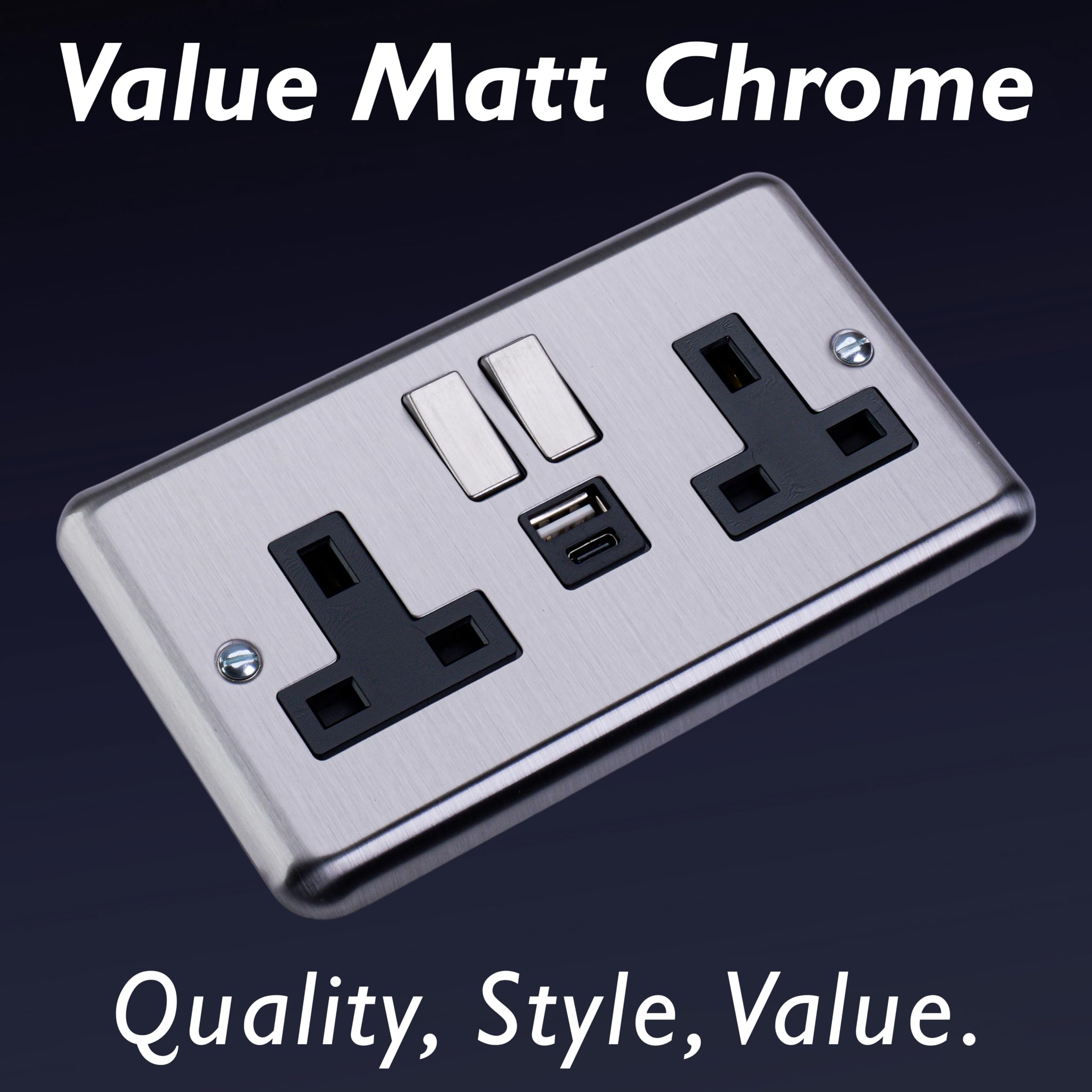 Varilight Double Switched Plug Socket With USB A+C Charging - Value Matt Chrome With Brushed Steel/Black Insert, XS5UACDB - Image 3
