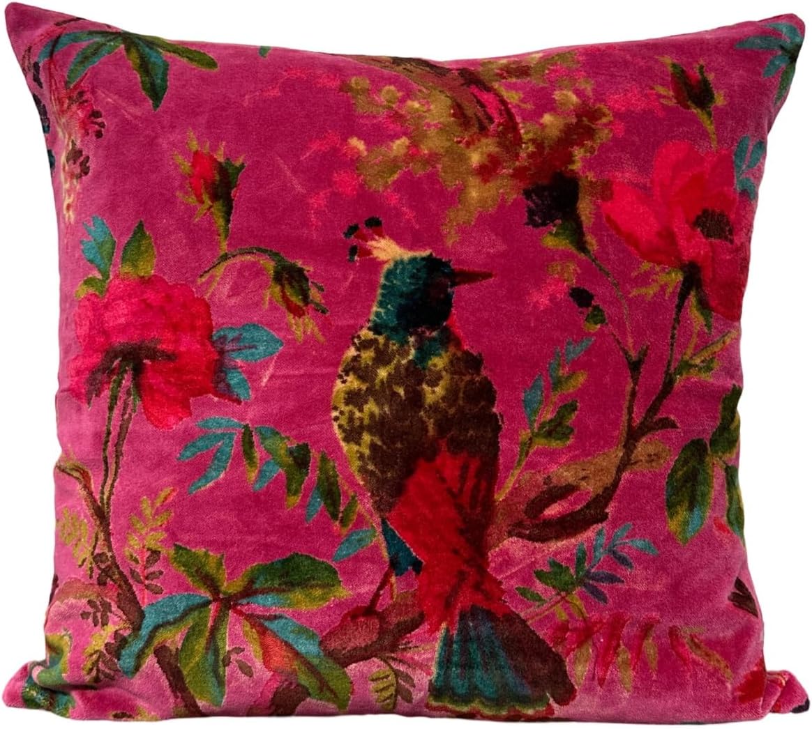 Velvet Floral Bird Print Throw Pillow Sofa Cushion Cover Case | Couch Bohemian Accent | Colorful Boho Chic Indian Handmade Cover Only (Burgundy, 20"X20")