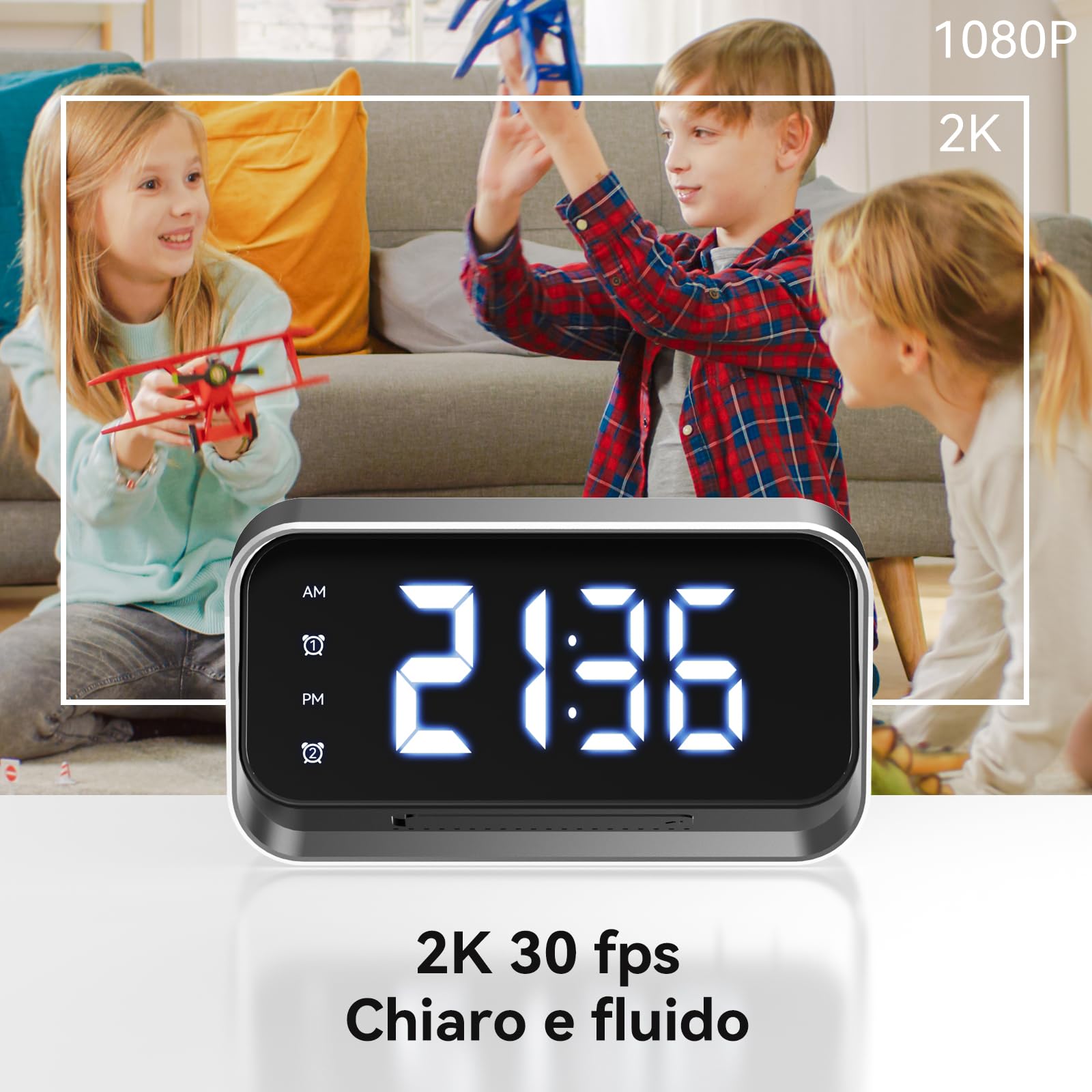 Telecamera Spia 4K, Telecamera Nascosta Spia con Sveglia， Angolo 150°, Rilevamento Movimento, Visione Notturna- Mini telecamera di sicurezza domestica con sveglia integrata