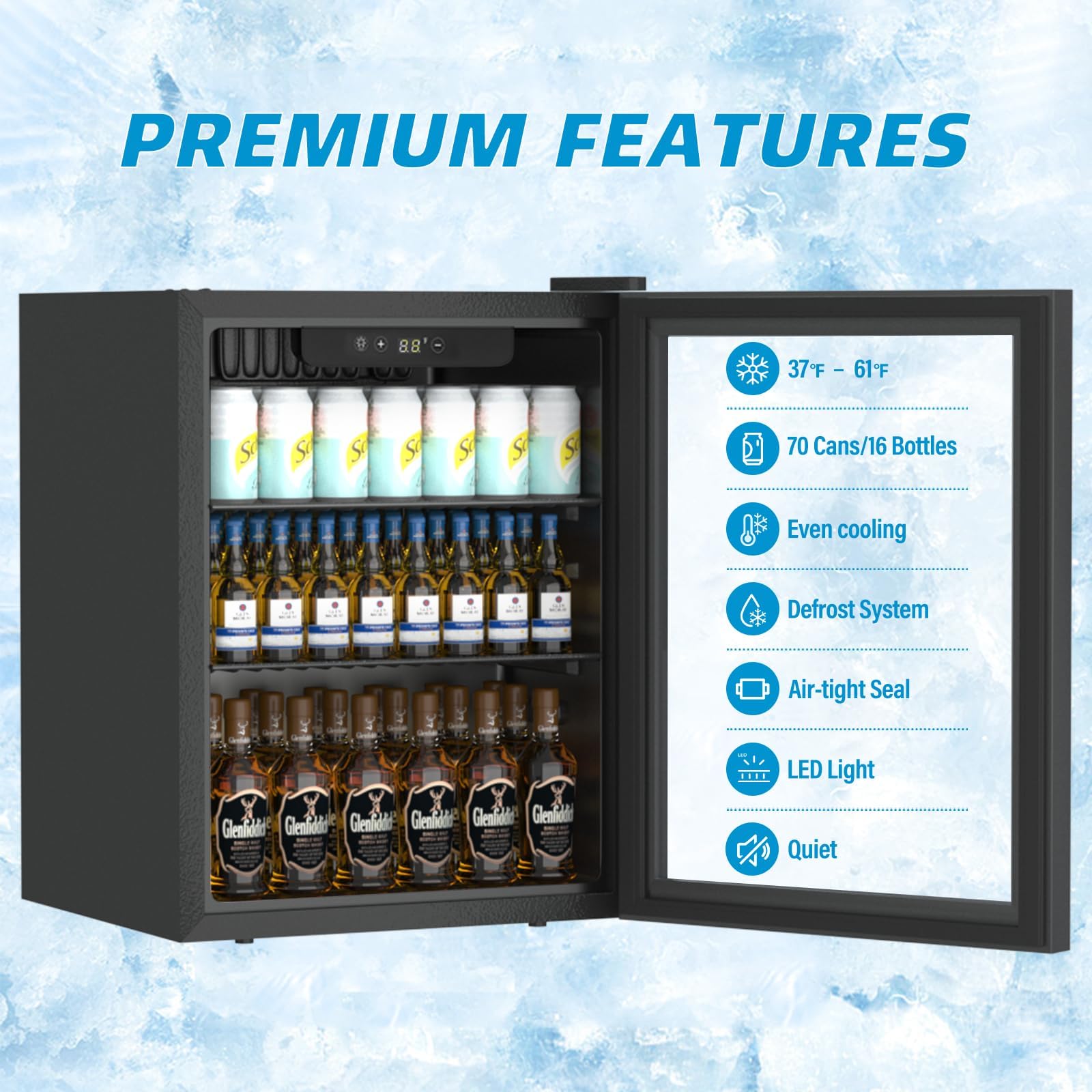Erivess Compact Freestanding Beverage Refrigerator,70 Can/ 1.6 Cubic Feet Mini Fridge with Reversible Glass Front Door for Soda, Beer or Wine, Under Counter Small Refrigerator 2 Adjustable Shelves on Fridge.com