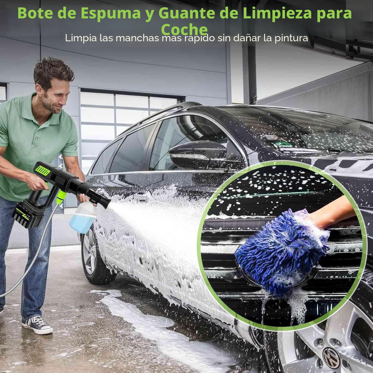 Limpiador de alta presión con batería, 120 bares, pistola de alta presión inalámbrica 300 l/h con boquilla 6 en 1 y manguera de 5 m, pistola de alta presión para lavar y riego de coche (2 baterías)