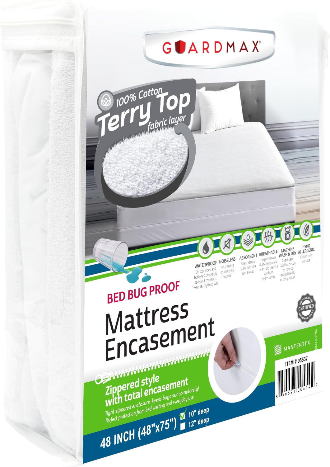 Guardmax RV Mattress Encasement Zippered, 100% Waterproof Mattress Protector, Soft & Absorbent Cotton Terry Top Mattress Cover for Kids, Adults, & Pets, Bed Bug & Dust Mite Proof Bed Cover (White)