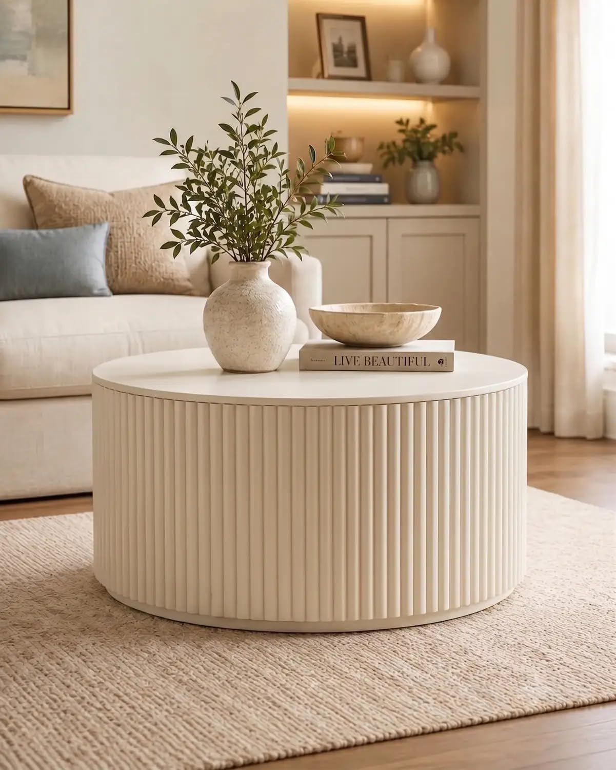 Greenseal Round Coffee Table with Fluted Panel Design,32x32x17,Solid Wood Coffee Table,Centre Table,Cream Finish-image-3