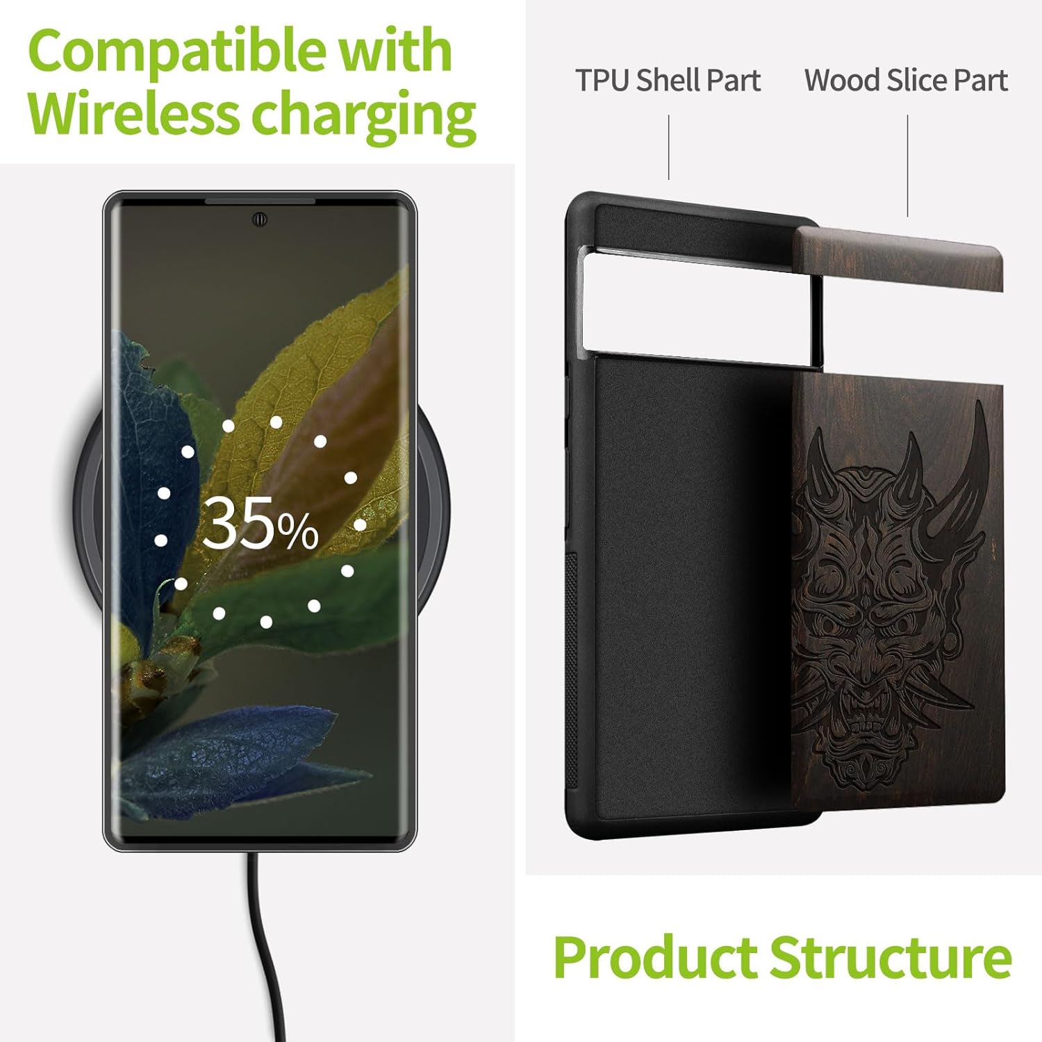 Carveit Wood Case for Google Pixel 8 Pro - Natural Wood & Black Soft TPU - Shockproof Protective Cover - Unique Wooden Case - Japanese Oni Mask - Black