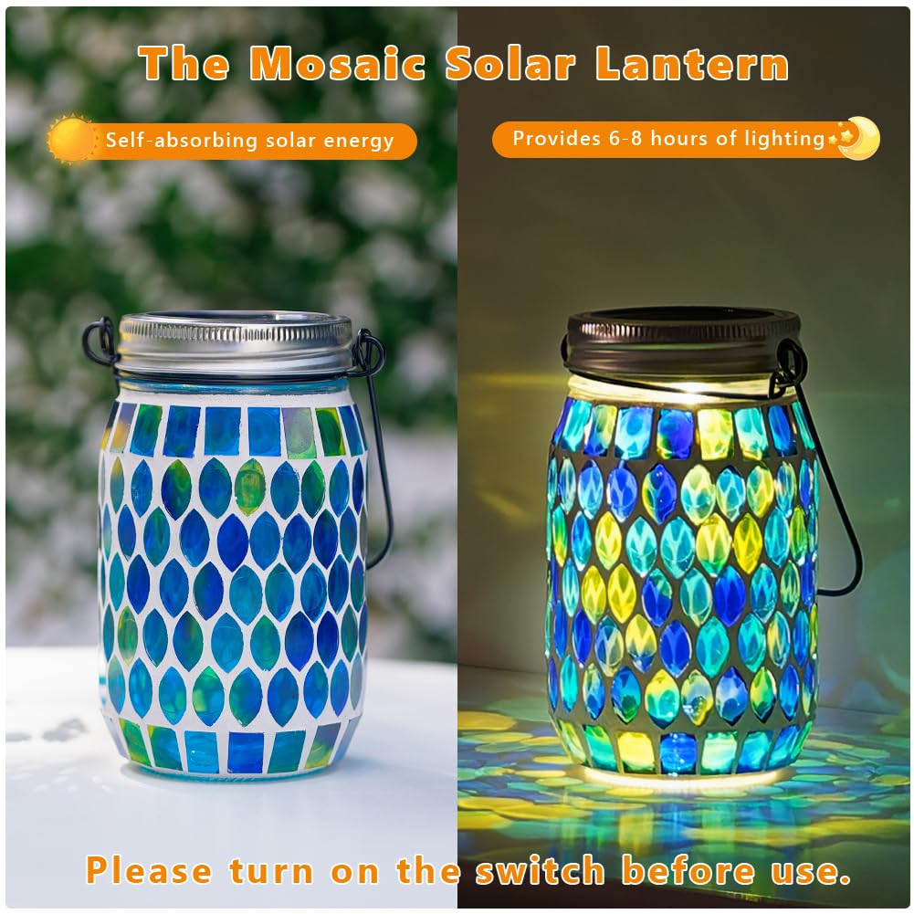 Starsoul Paquete de 4 faroles colgantes solares de mosaico para exteriores, impermeables, de cristal multiazul, luces solares de jardín, farol de mosaico al aire libre para exteriores, camino, patio