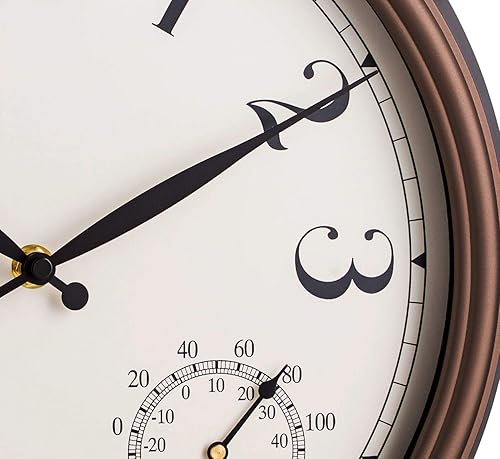 Miniatura 7 de Bernhard Products Reloj de pared para interiores y exteriores, color bronce, 13 pulgadas, silencioso, sin tictac, con medidor de temperatura y