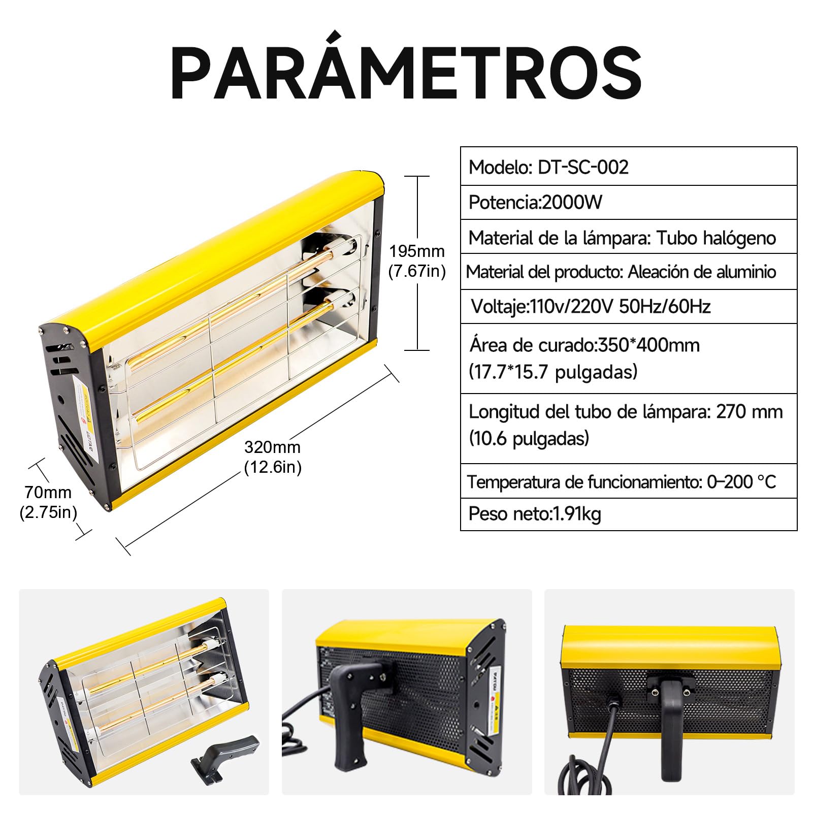 DATOUBOSS Lámpara de Curado Pintura Infrarrojos 2000W 230V Secador Infrarrojos Pintura Portátil para Reparación de Carrocería y Trabajos de Pintura Automotriz (350×400 mm)