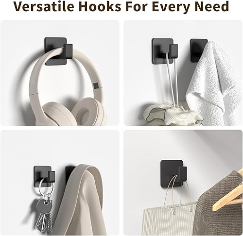 Miniatura 4 de Ganchos cuadrados autoadhesivos para toallas, paquete de 4 ganchos de metal negro mate, diseño en ángulo recto para toallas, batas y sombreros,