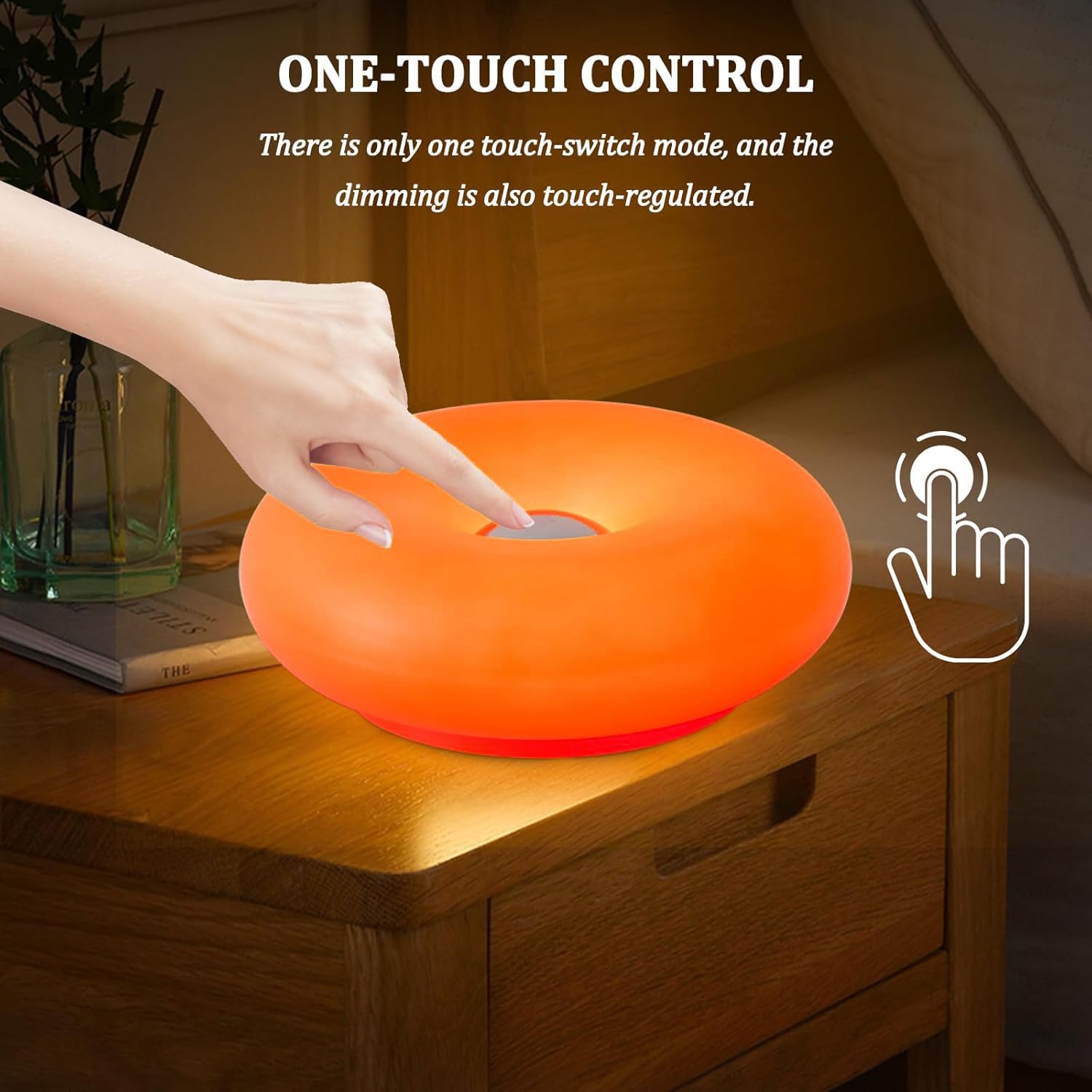 Lampada da Tavolo a LED Arancione a Forma di Ciambella, Senza Fili, Ricaricabile, con Controllo Touch, dimmerabile e con 3 Temperature di Colore. Luce Notturna retrò per Camera da