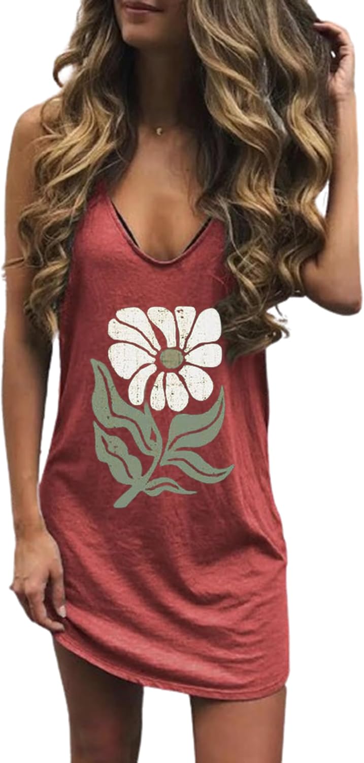 Live Simple Coconut Tree Sleeveless Dress Sunshine Sand Beach Women’s Summer Casual V Neck Mini Dress