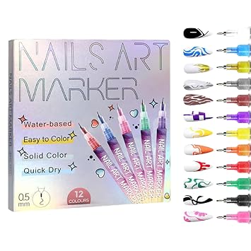 12 Colors Nail Art Pens Set, Nail Art Pens for Painting Nails, Nail Art Markers for Gel Nails for DIY Nail Design, Home & Salon Manicure Tools 12 Colors