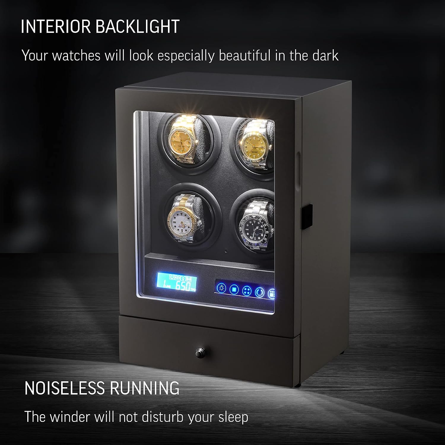 Automatic Watch Winder with LED Light, Storage Drawer and LCD Touchscreen Control
