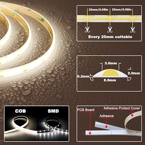 Miniatura 3 de TOPAI Tira de luz LED COB de 12 V, 4000 K, blanco natural, impermeable, IP65, alto brillo, 4000 lm, CRI 90+ 16.4 pies, 2400 ledes, sin puntos, de