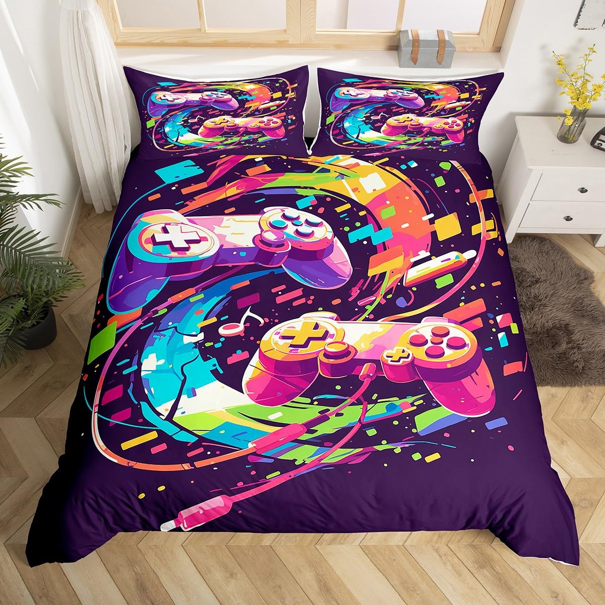 Homewish Boys Kids Gaming King Size Duvet Cover Sets 3 Pieces, Reversible Gamepad Bedding Set Game Room Decor, Vintage Pixel Style Quilt Cover, Abstract Colorful Gamer Bed Set With 2 Pillowcases — image 1